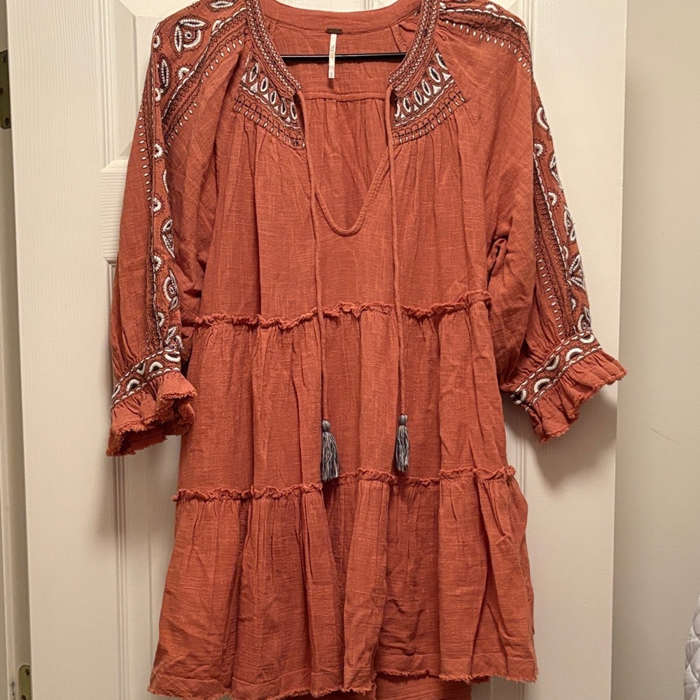 Free People Terracotta Tunic with Embroidered Sleeves